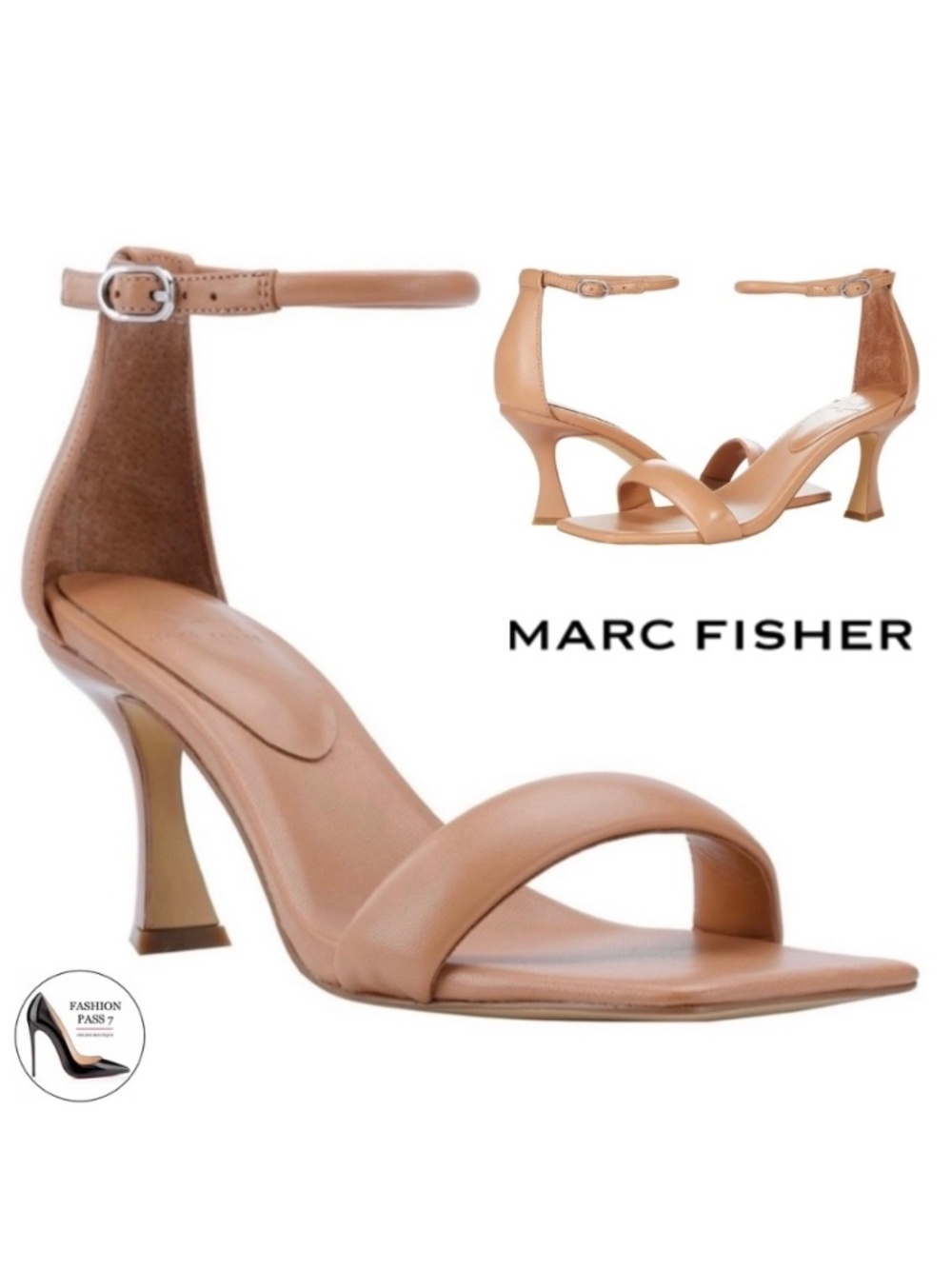 MARC FISHER Derine Nude Tan Leather Square Toe Ankle Strap High Heel Sandals 8